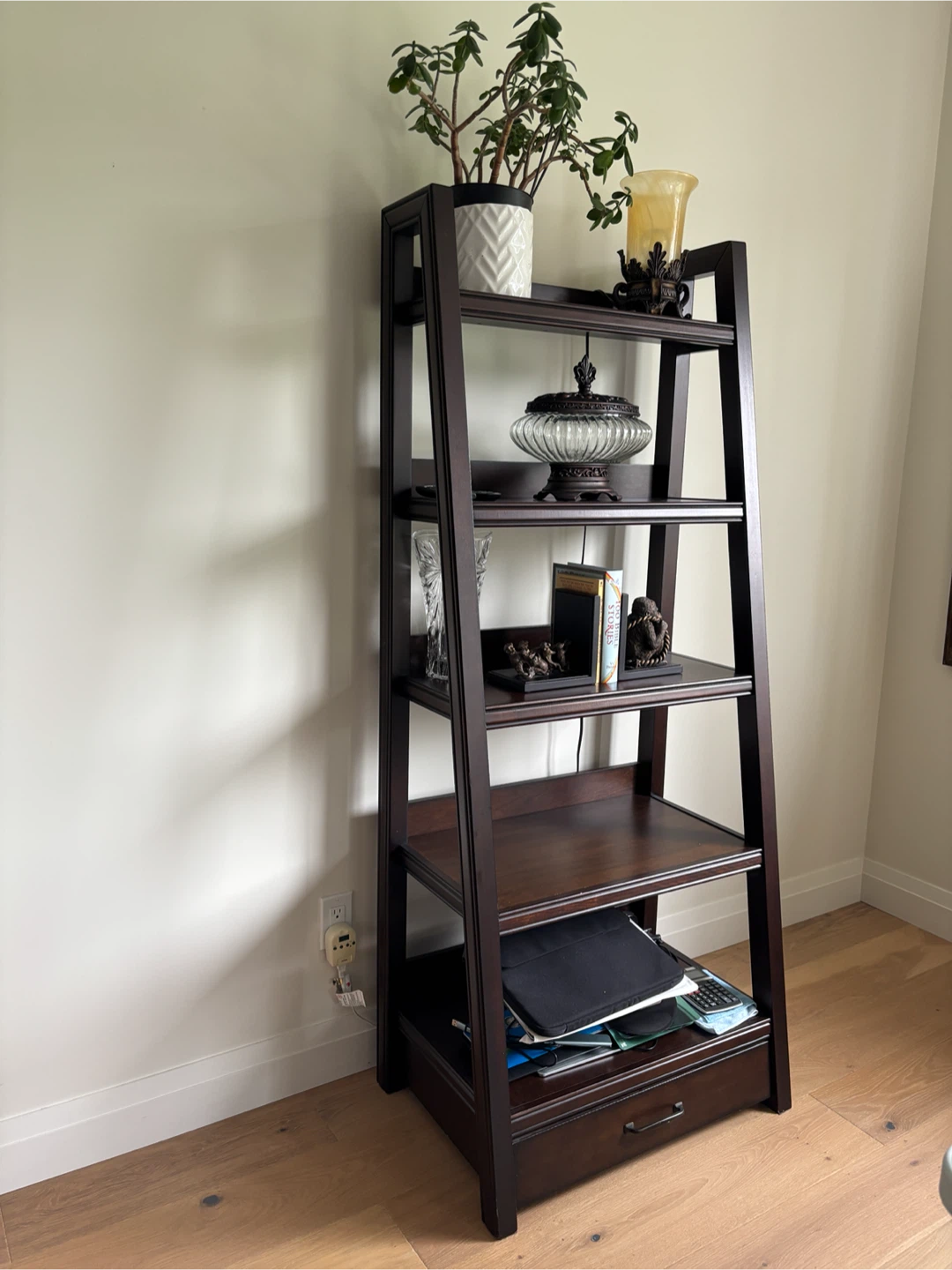 Dark Solid Wood Ladder Bookshelf with Bottom Drawer
