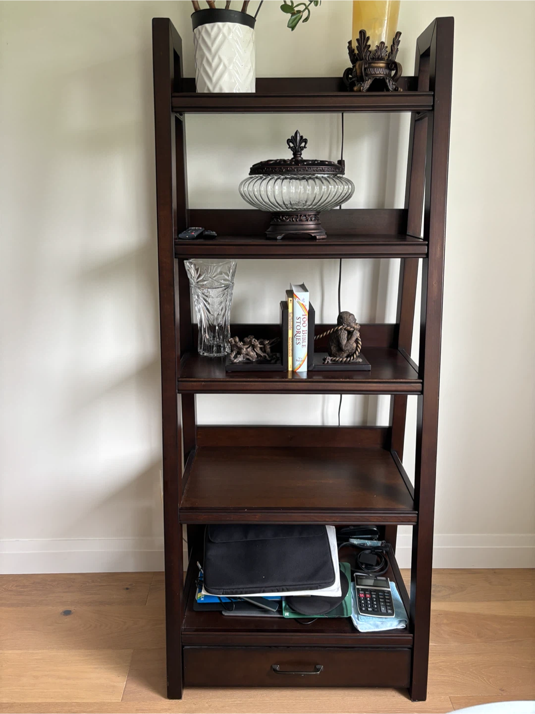 Dark Solid Wood Ladder Bookshelf with Bottom Drawer - photo 2