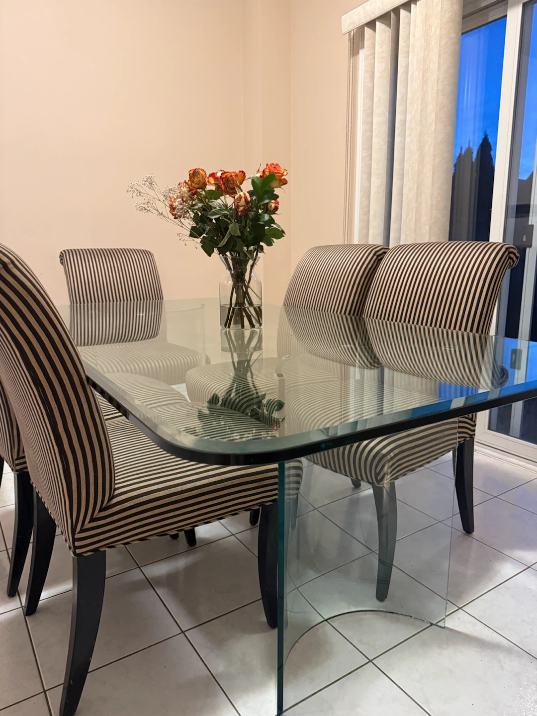 Glass Dining Table and Four Striped Chairs