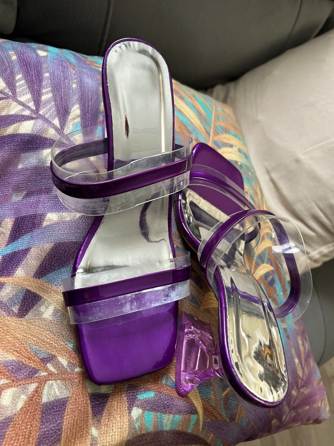 Purple Strappy Clear Heel Sandals