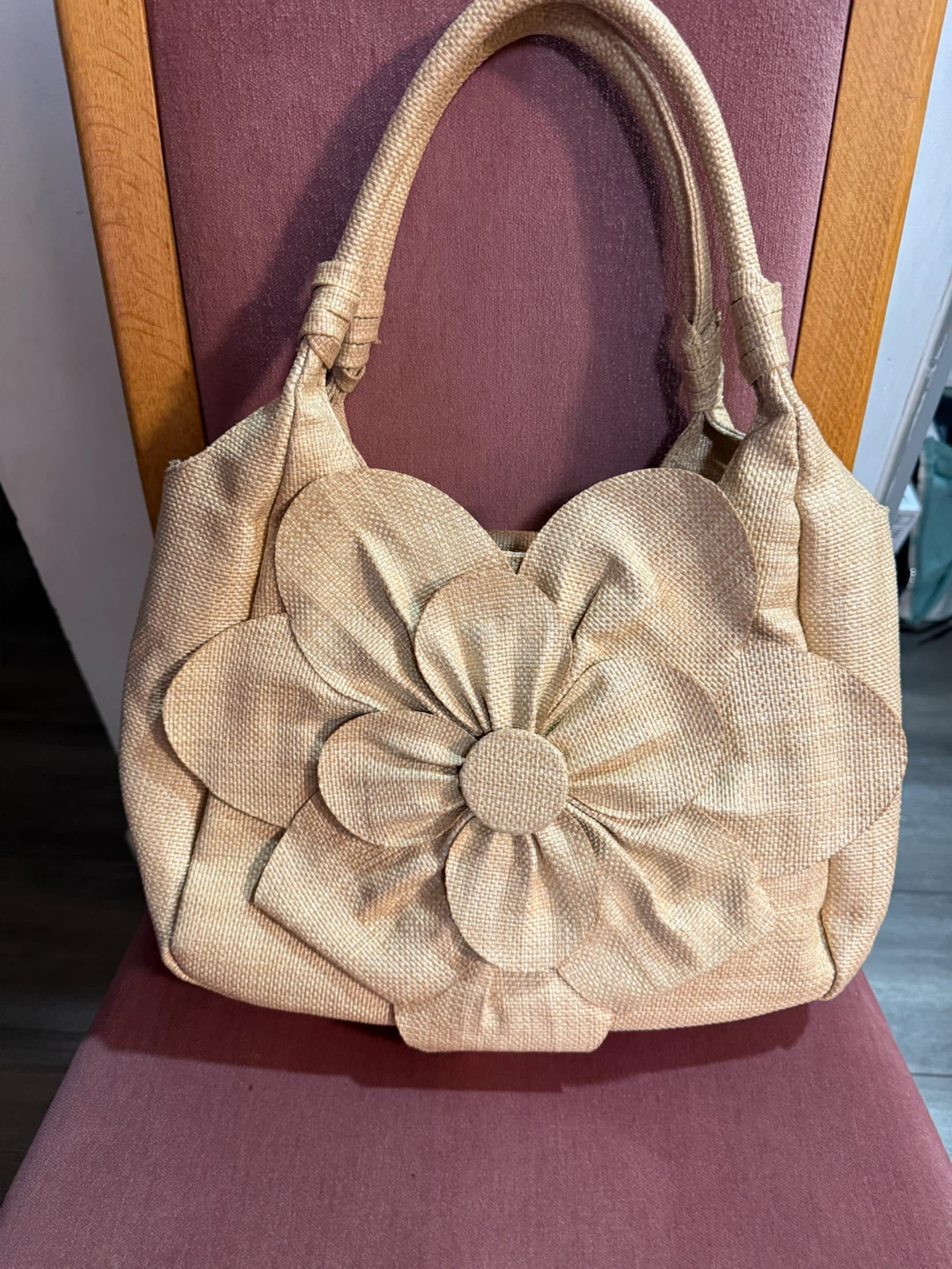 Beige Woven Handbag with Flower Detail