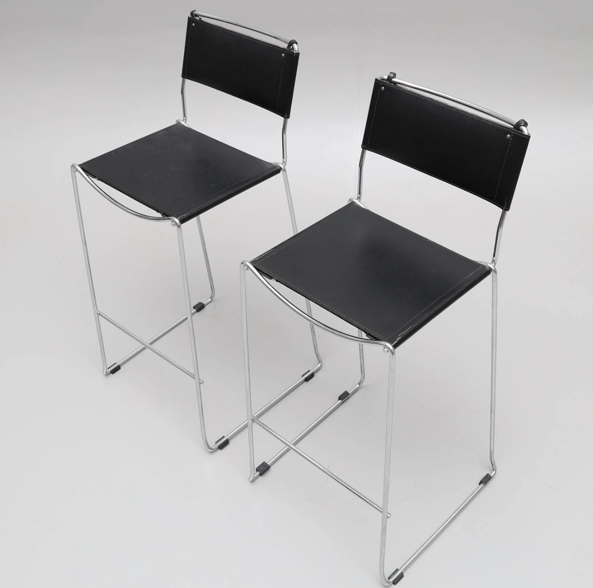 Set of 3 Black Leather and Chrome Bar Stools