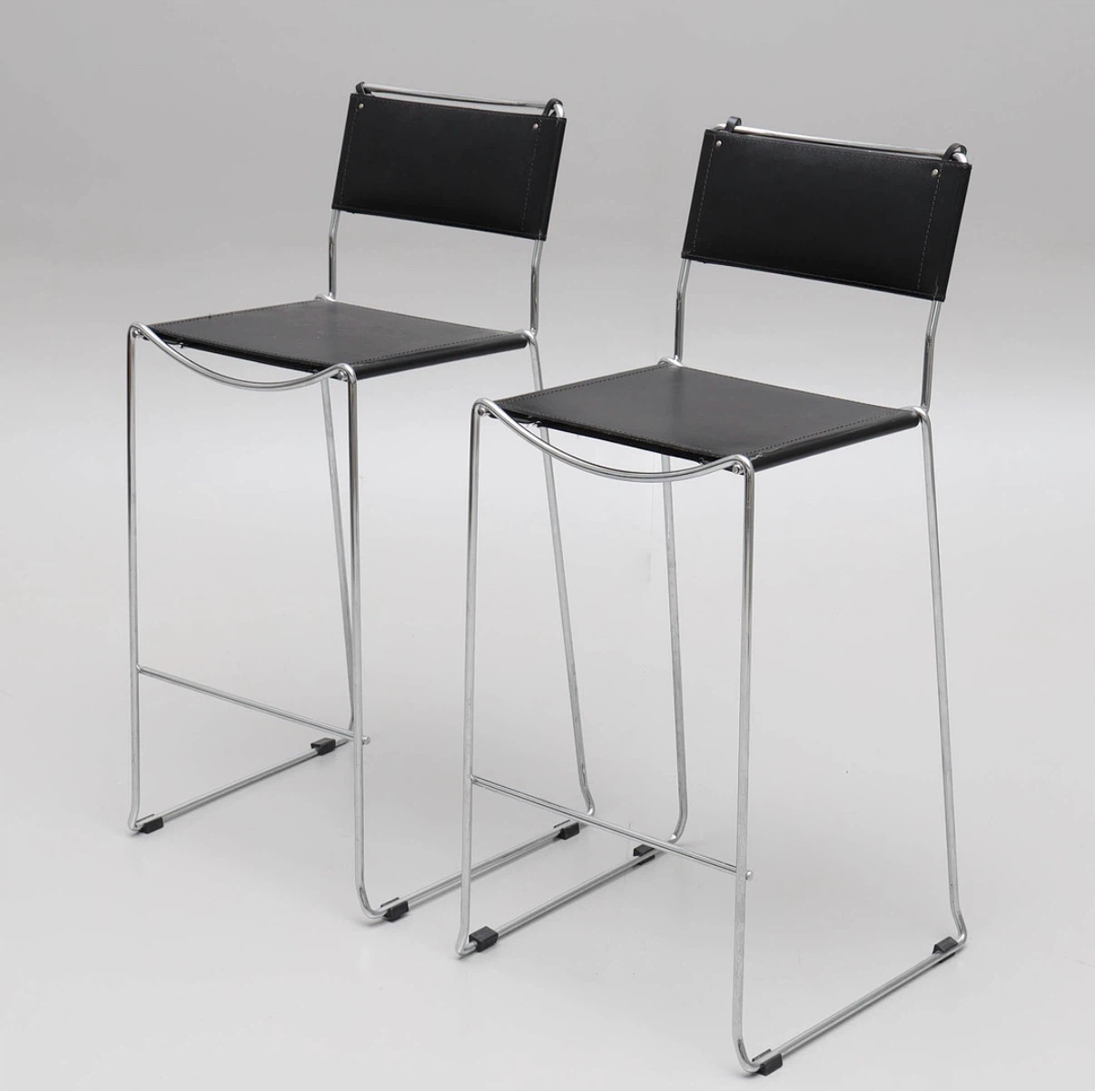 Set of 3 Black Leather and Chrome Bar Stools - photo 2