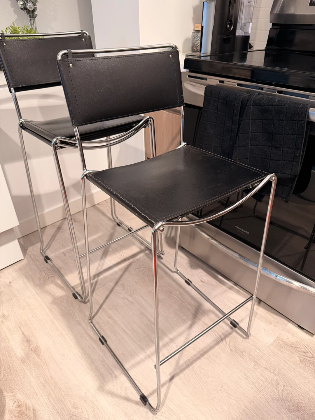 Set of 3 Black Leather and Chrome Bar Stools - photo 3