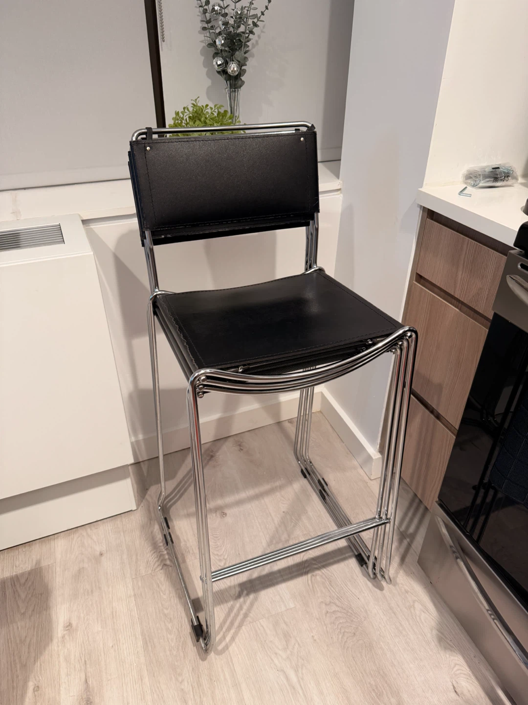 Set of 3 Black Leather and Chrome Bar Stools - photo 4