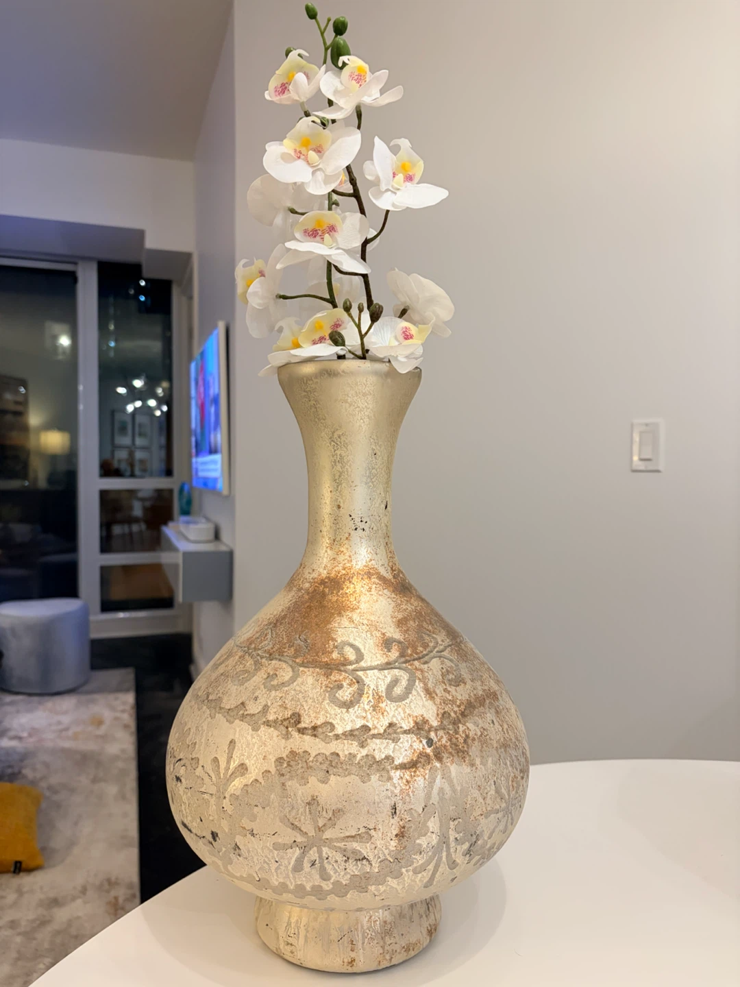 Large 16” Gold Decorative Vase with Orchid Flowers