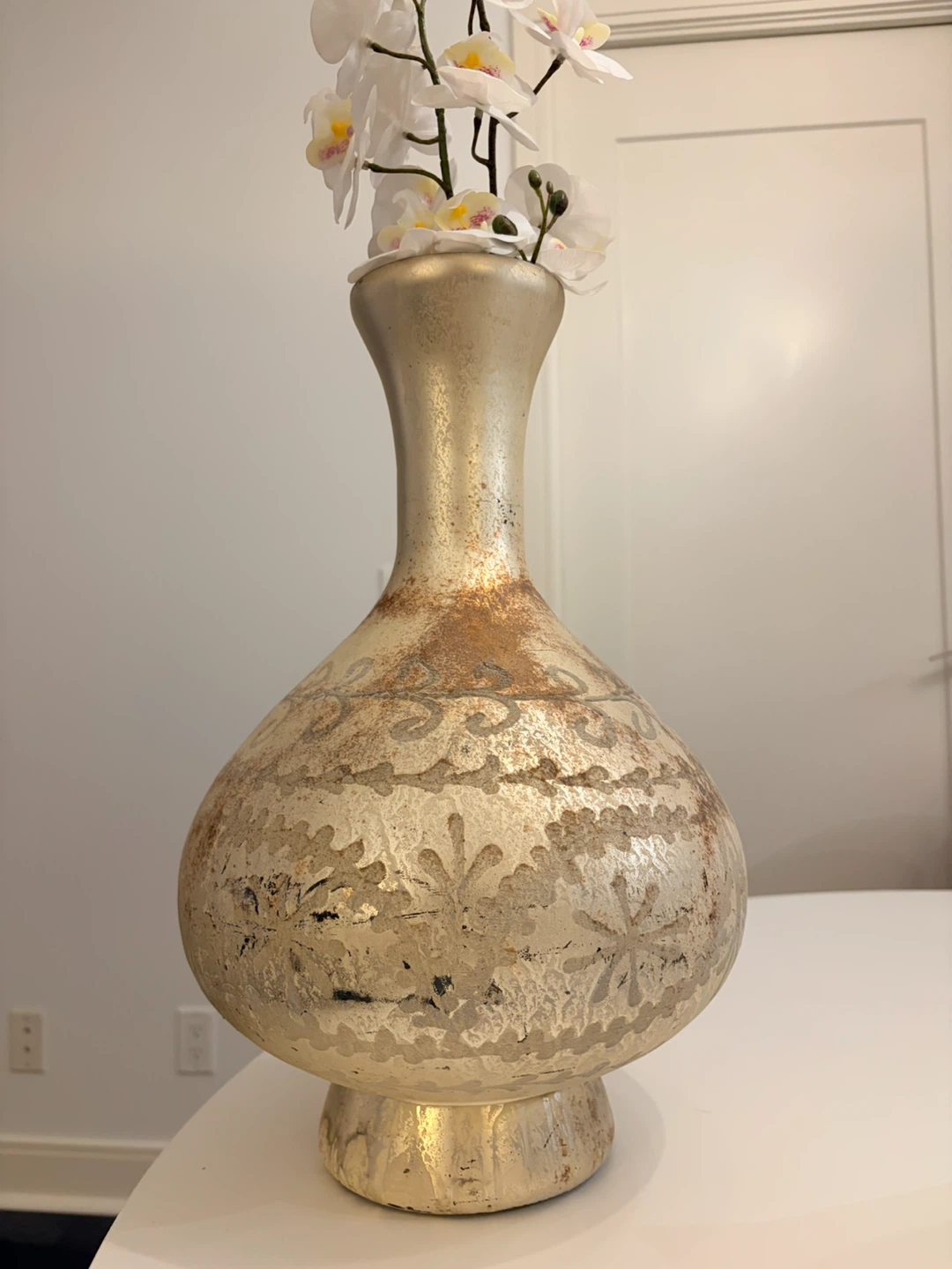 Large 16” Gold Decorative Vase with Orchid Flowers - photo 2
