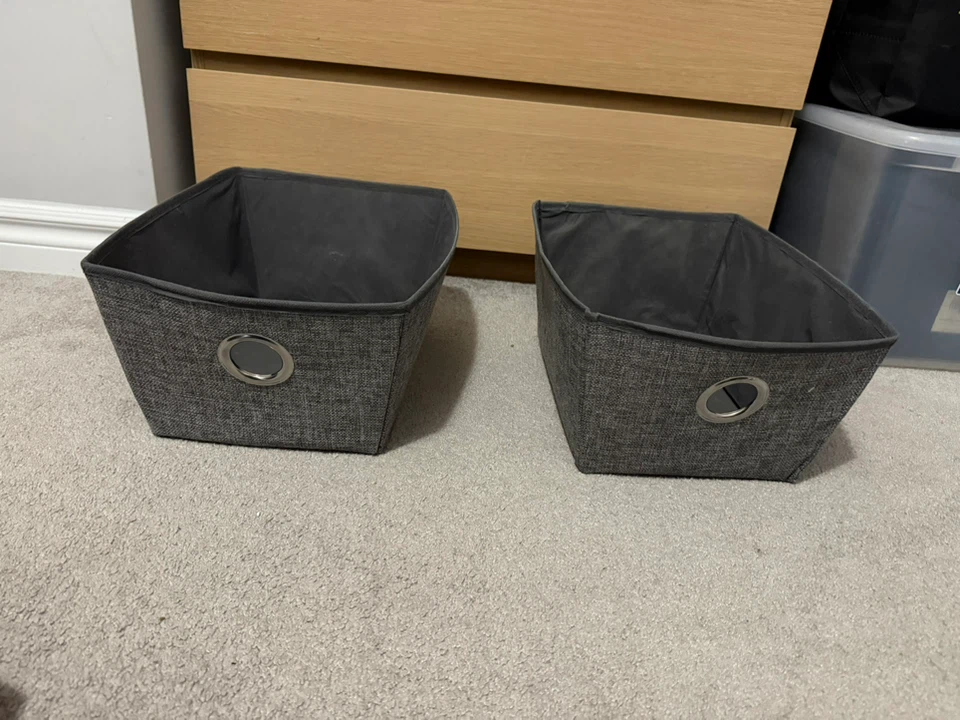 Two Grey Fabric Storage Bins