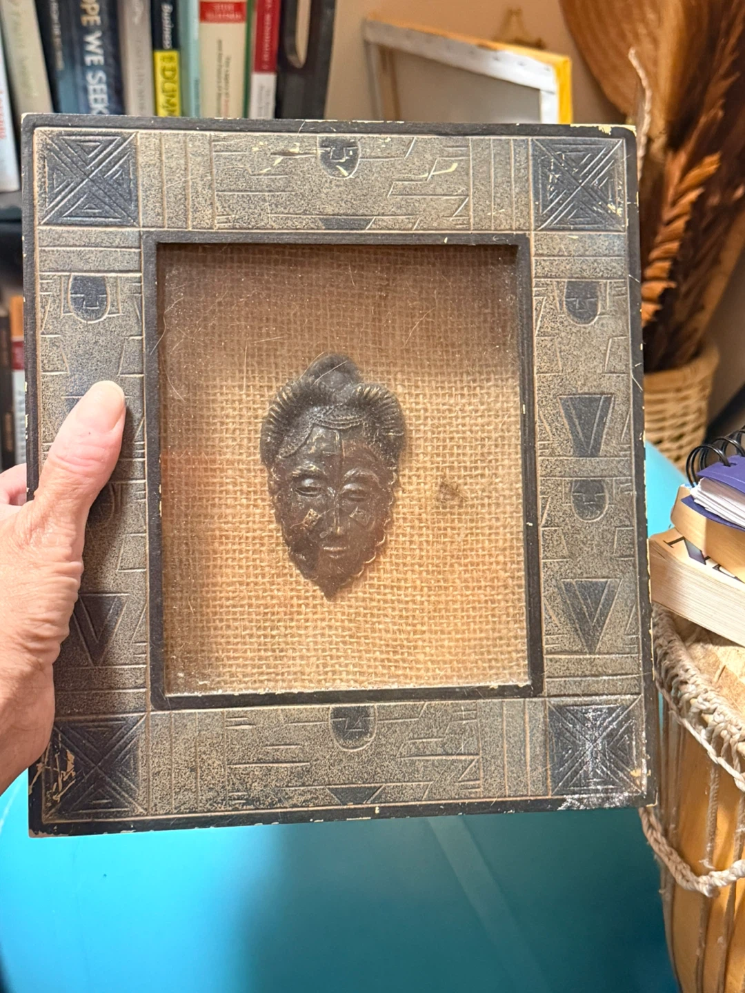 Vintage African Wall Decor Mask with Patterned Frame