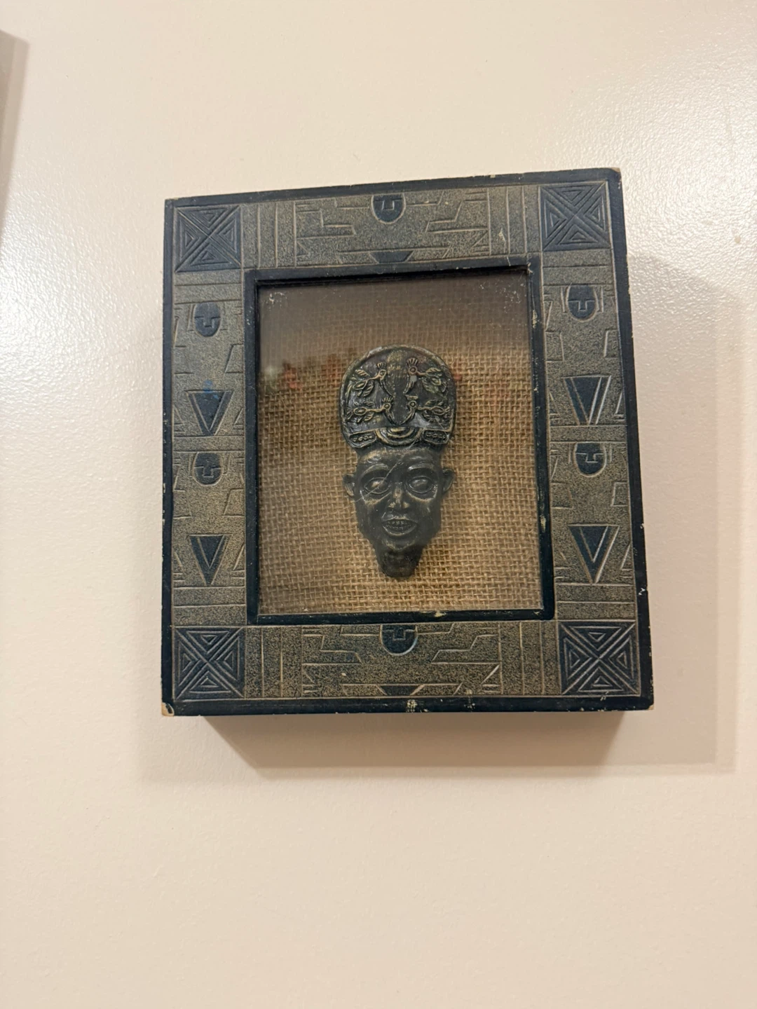 Vintage African Wall Decor Mask with Patterned Frame - photo 2