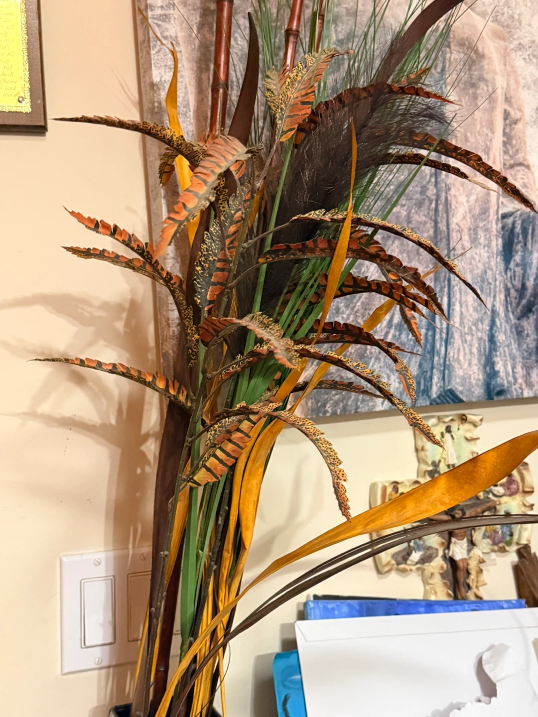 Decorative Dried Floral and Feather Arrangement