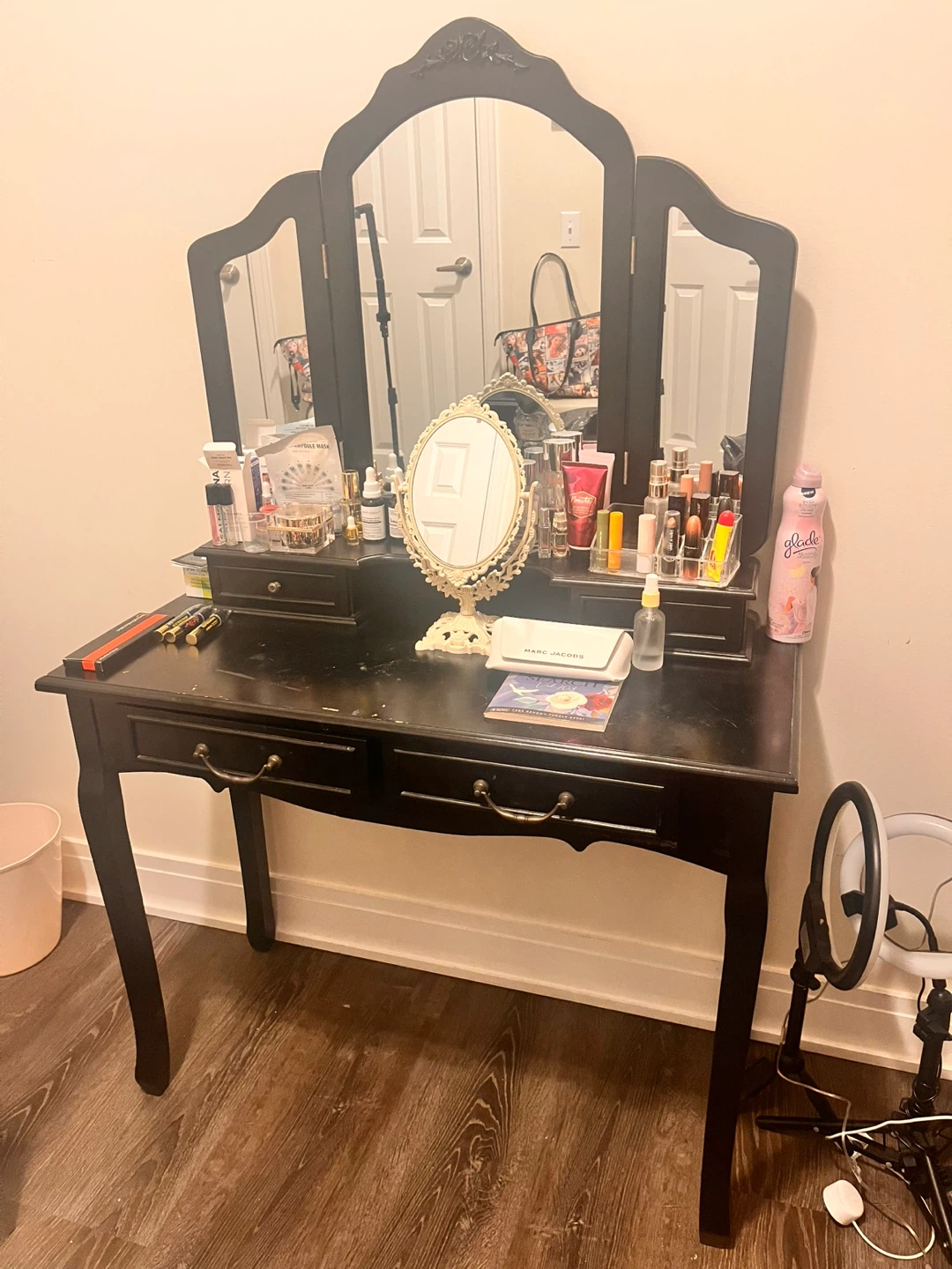 Black Vanity Table with Tri-Fold Mirror