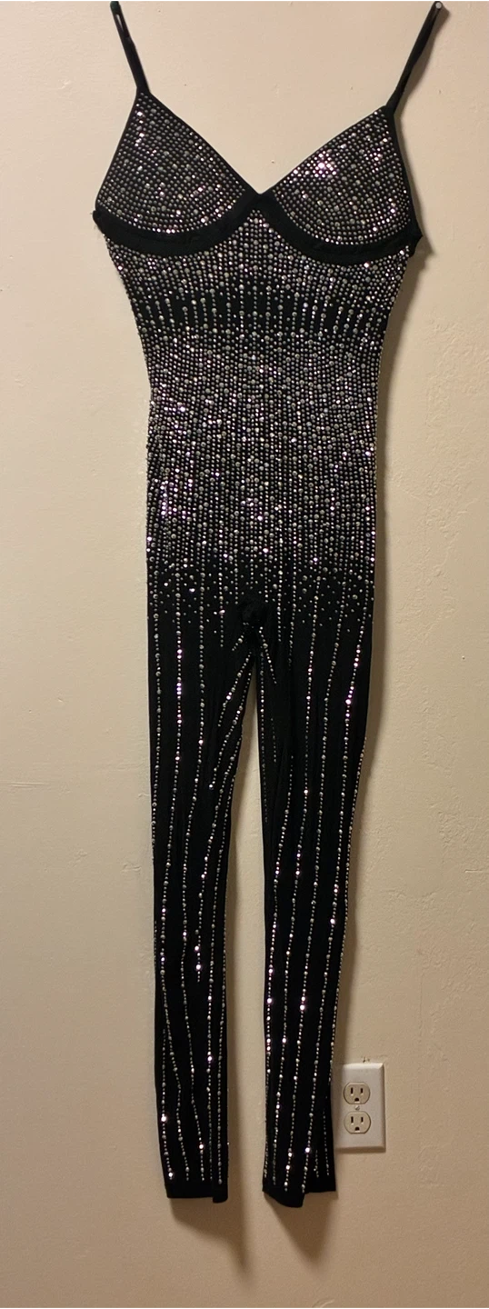 Black Rhinestone Embellished Jumpsuit