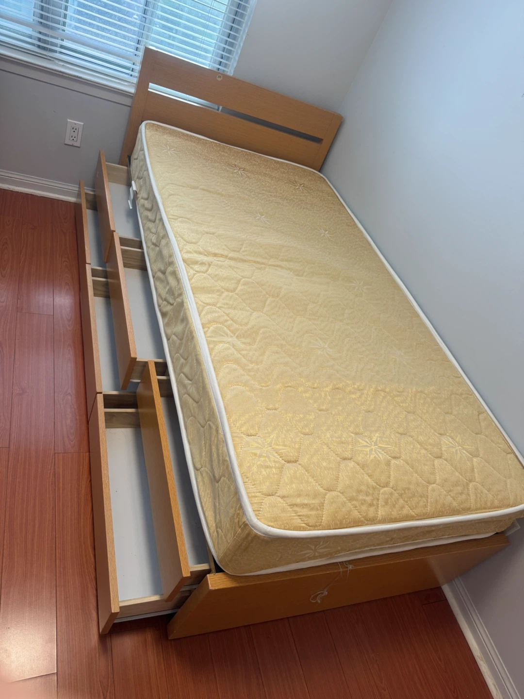 Single bed frame with storage drawers and mattress