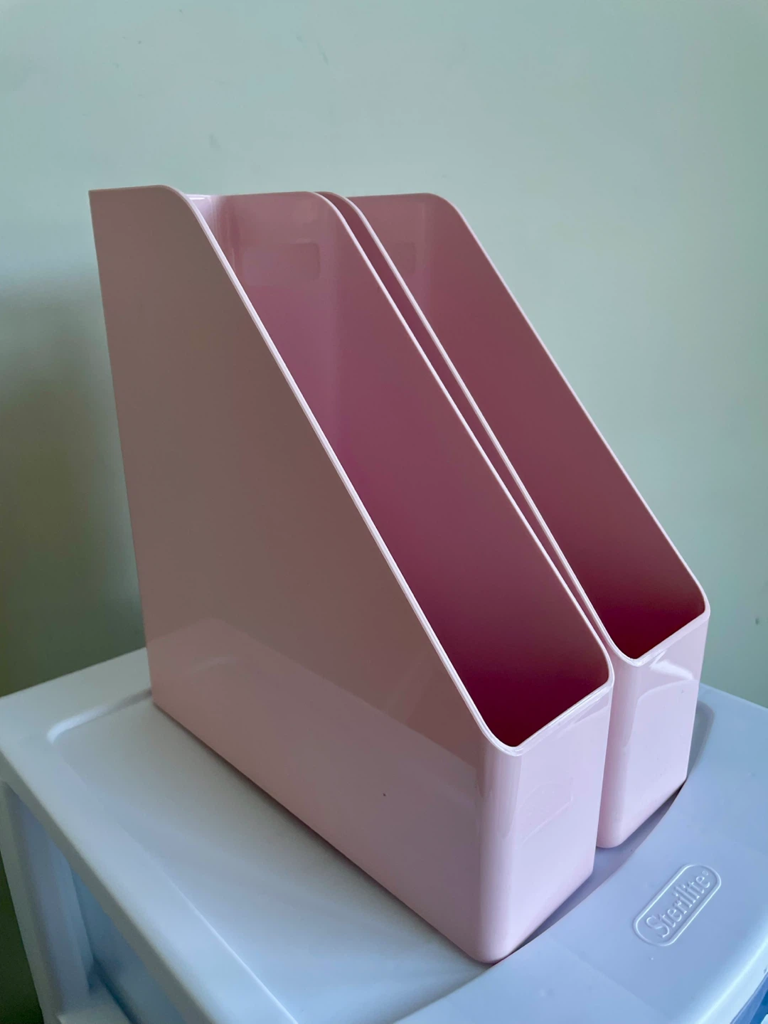 Two Pink Sterilite Magazine Holders