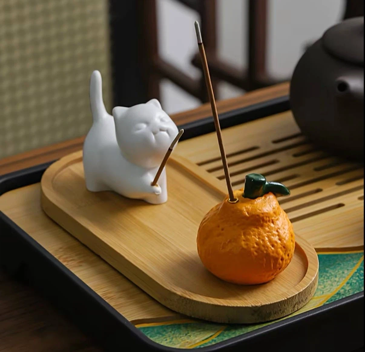 Cute Cat & Tangerine Incense Holder Set