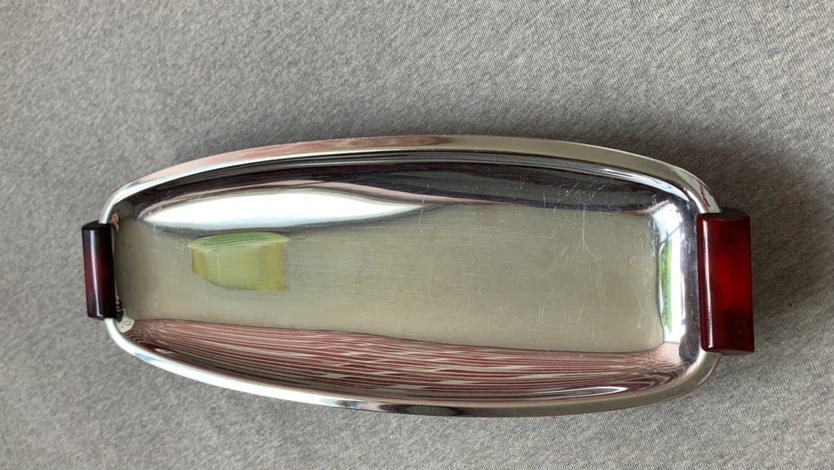Vintage Chrome Serving Tray with Red Bakelite Accents 🏈