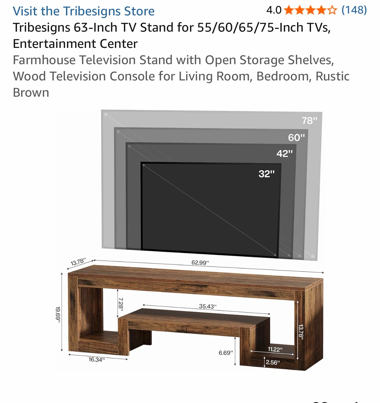 Tribesigns 63-Inch Farmhouse TV Stand in Rustic Brown - photo 3