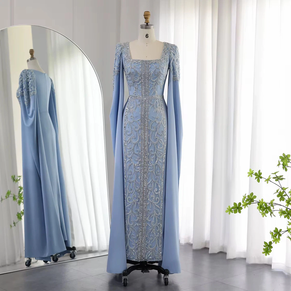 Elegant Threads Light Blue Kaftan-style Beaded Evening Gown