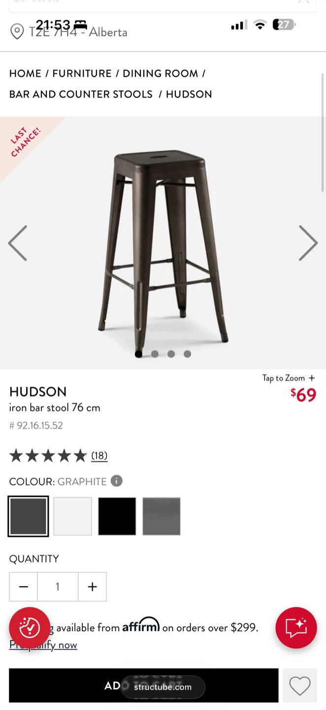 Structube Hudson Iron Bar Stool - Graphite