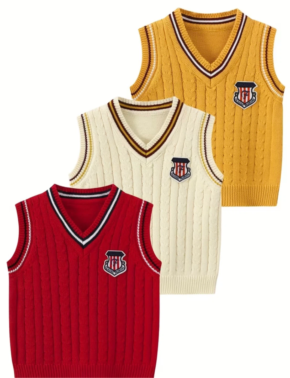 Set of 3 Kids Cable Knit V-Neck Sweater Vests