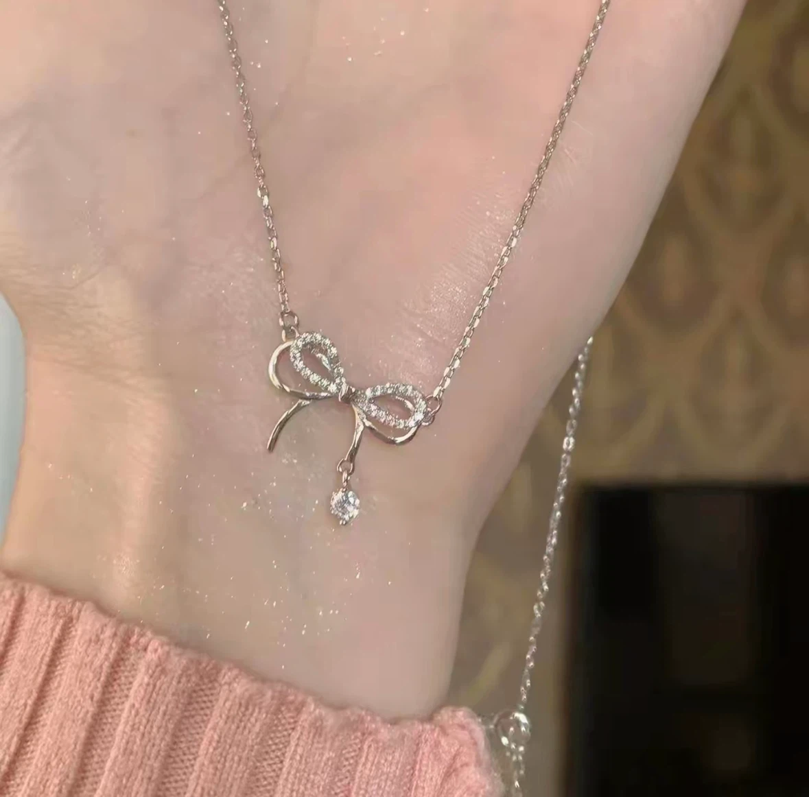 NEW - Silver Bow Necklace with Cubic Zirconia