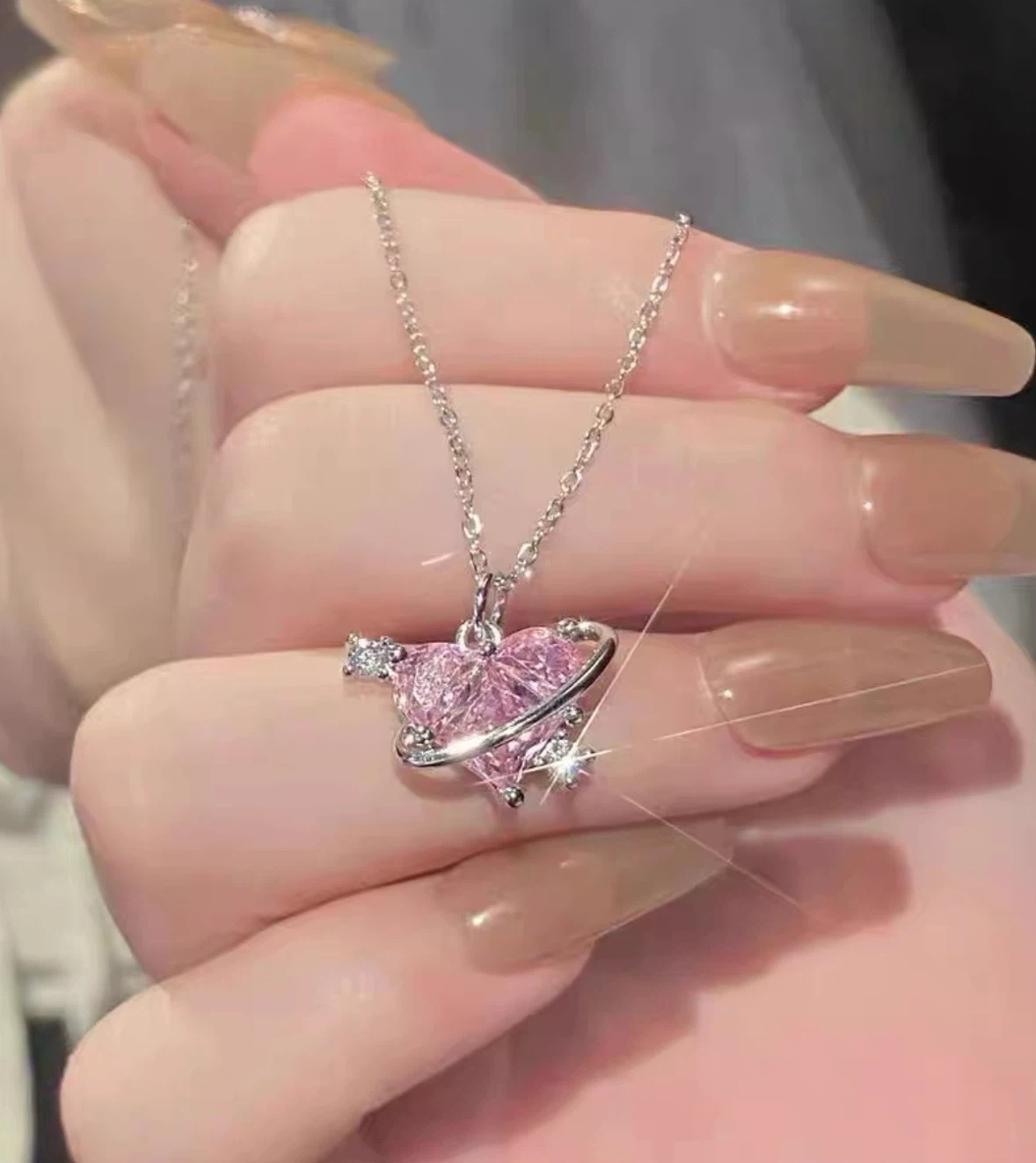 NEW - Pink Silver Heart Planet Necklace