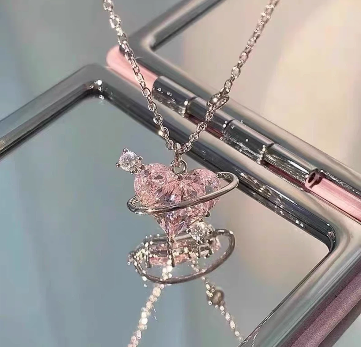 NEW - Pink Silver Heart Planet Necklace - photo 2