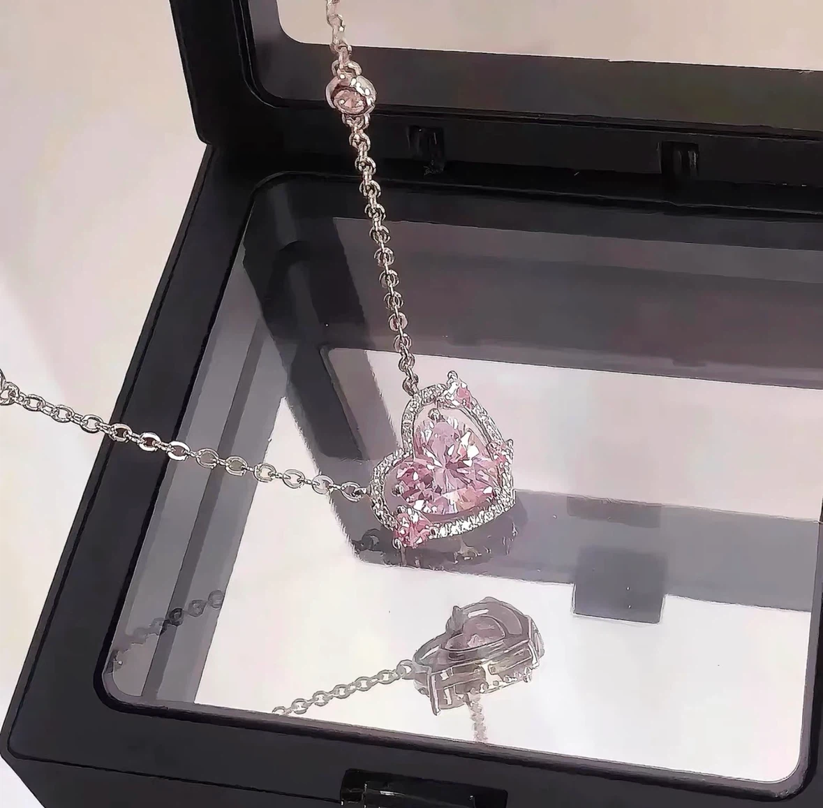 NEW - Silver Pink Heart Crystal Pendant Necklace - photo 2