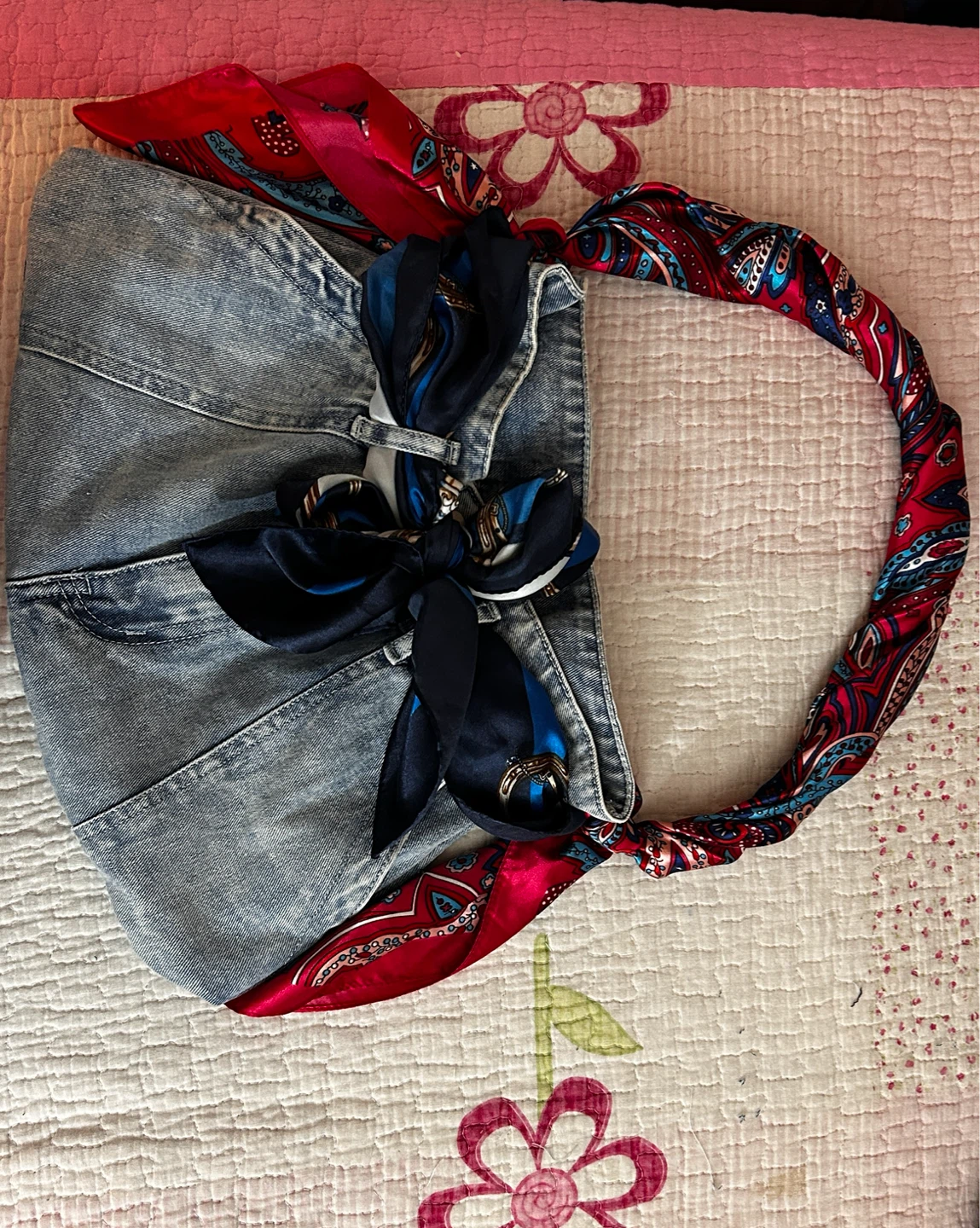 Denim Tote Bag with Scarf Handle