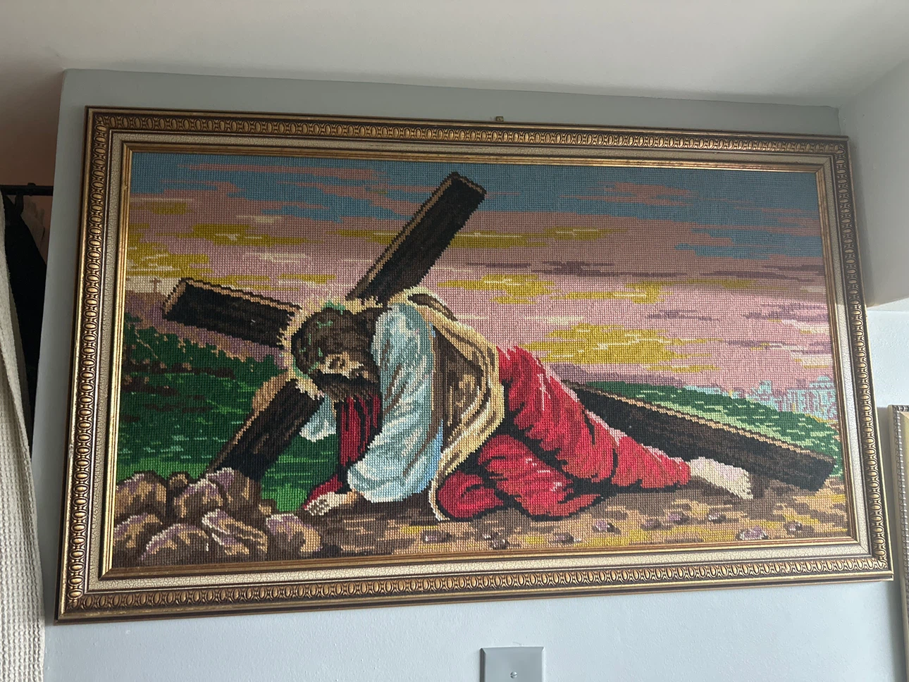 Large Framed Religious Cross Stitch Wall Art