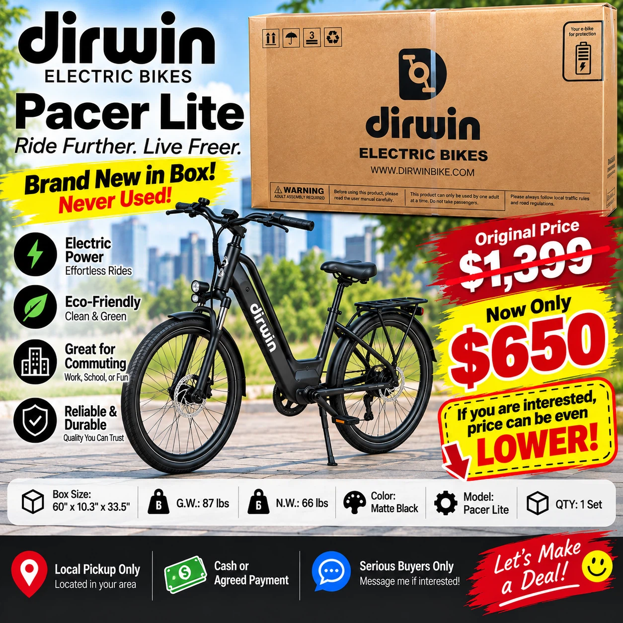 Dirwin Pacer Lite Electric Bike – Brand New Sealed – $650 OBO