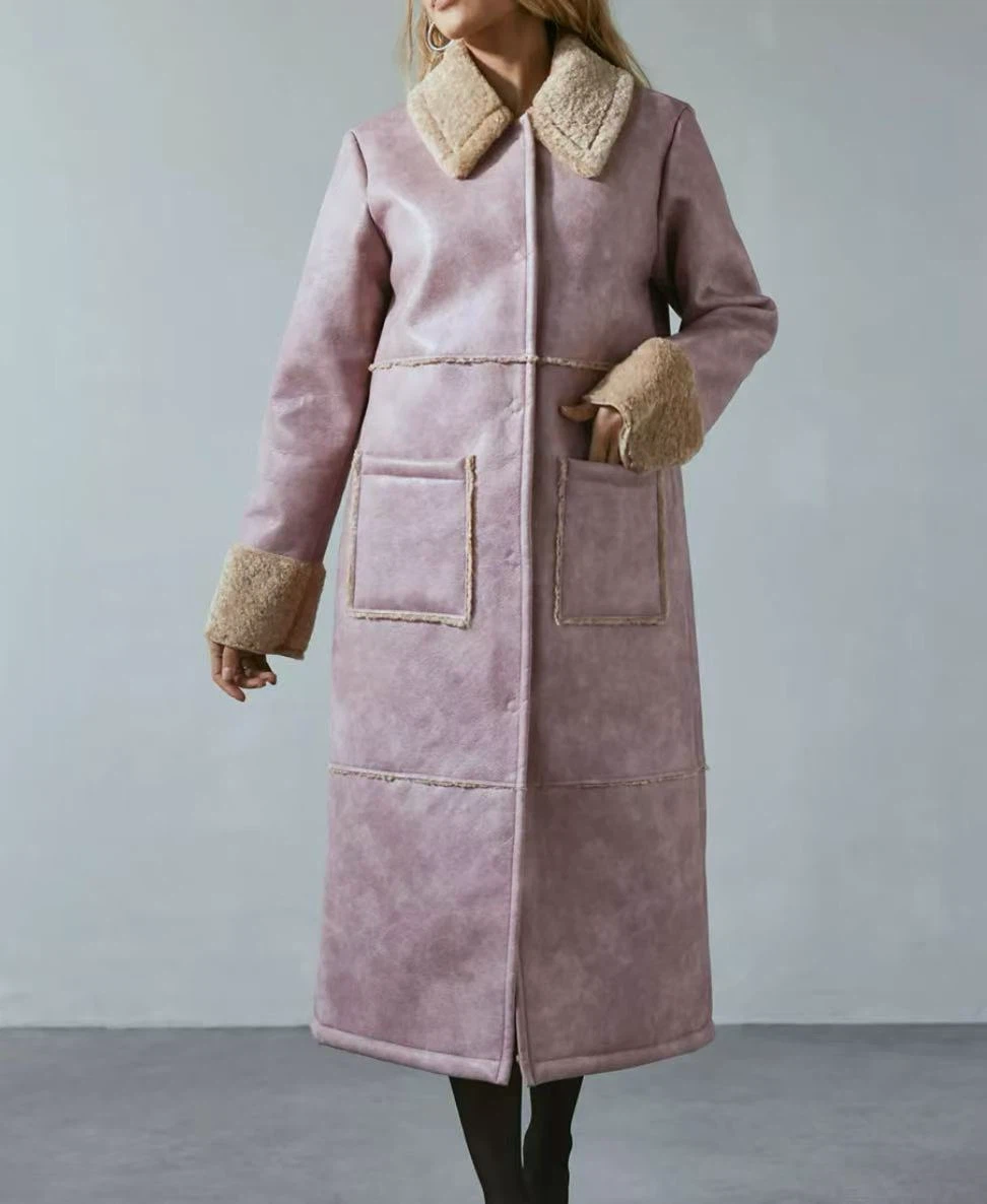 Urban Outfitters Pink Faux Suede Shearling Long Coat