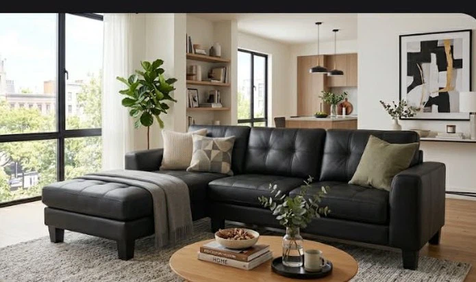 New in box!!  Black faux leather Sectional Sofa with Chaise - photo 2