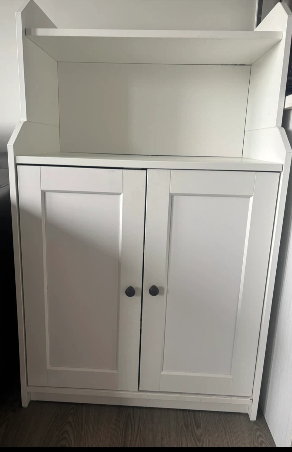 White Two-Door Cabinet with Open Shelf