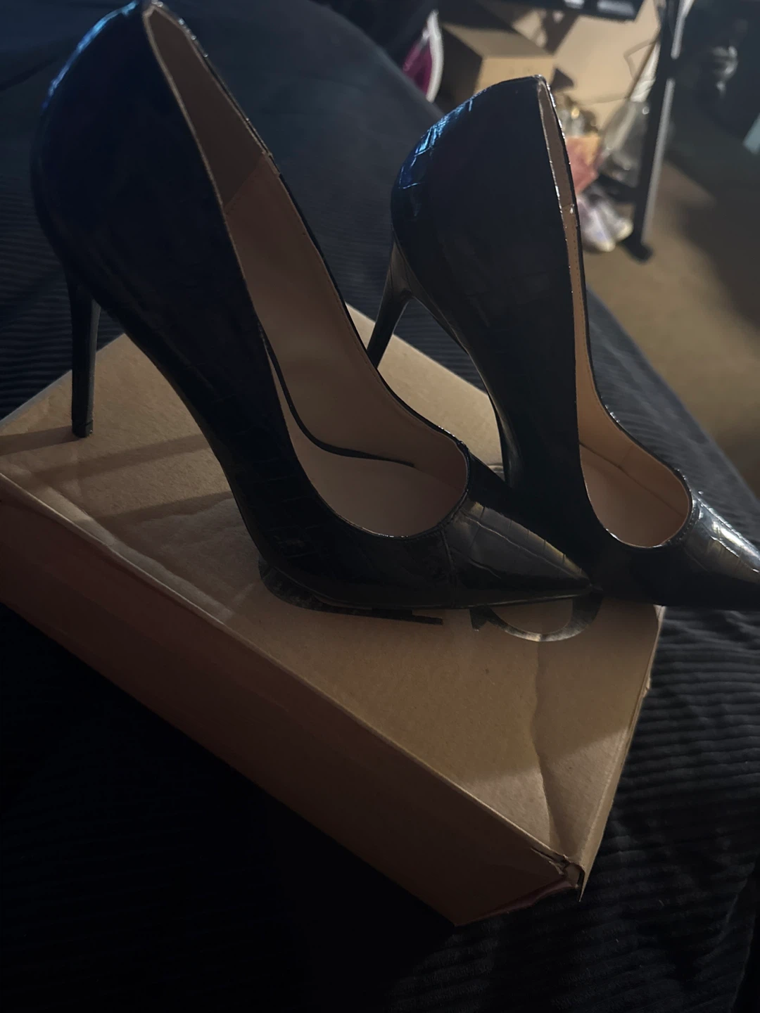 Black Croc-Embossed Pointed Toe Stiletto Heels