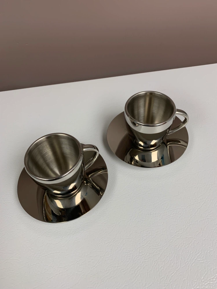 🏈Two Stainless Steel Espresso Cups with Saucers