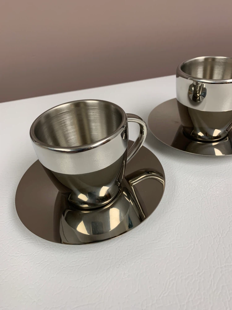 🏈Two Stainless Steel Espresso Cups with Saucers - photo 2