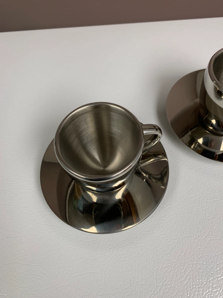 🏈Two Stainless Steel Espresso Cups with Saucers - photo 3