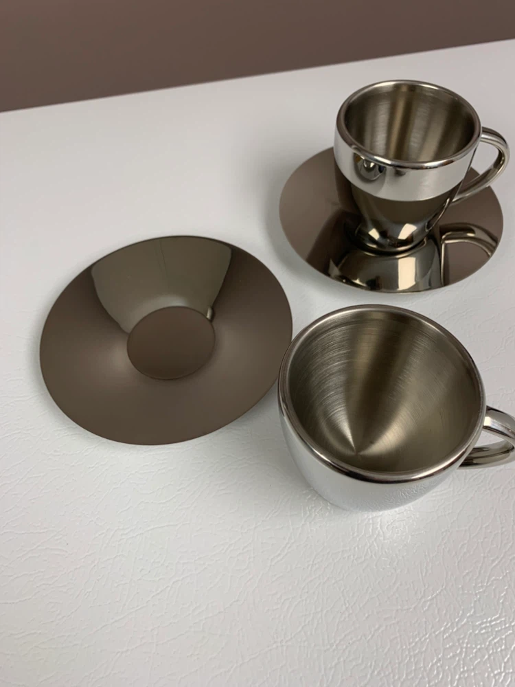 🏈Two Stainless Steel Espresso Cups with Saucers - photo 4