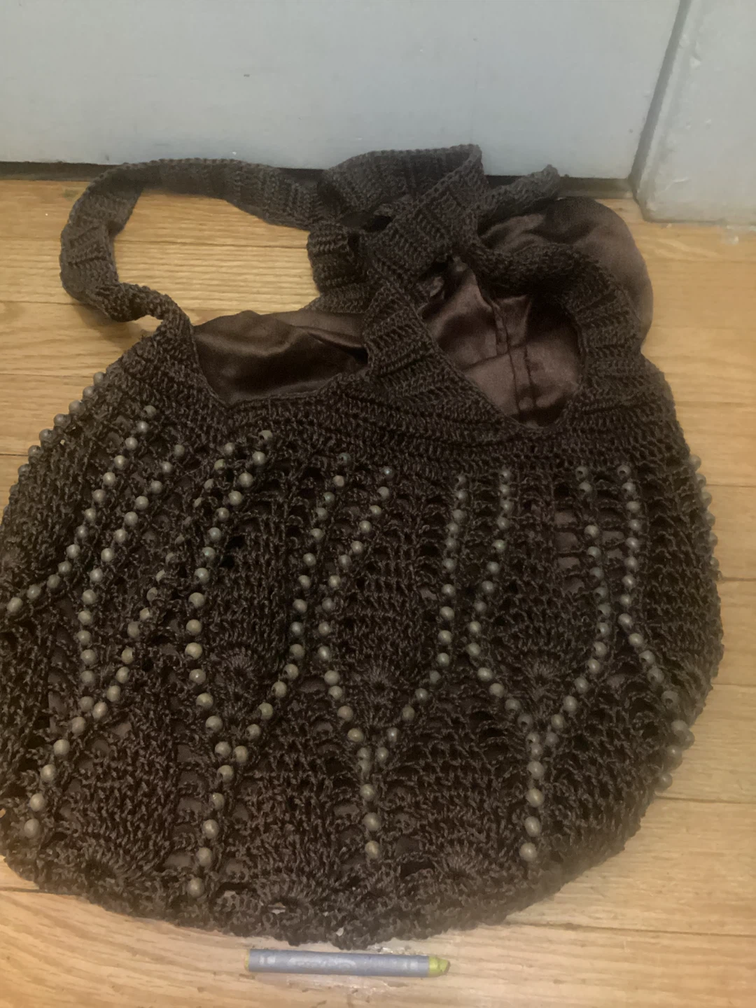 🏈 Dark Brown Crocheted Tote Bag with Beads