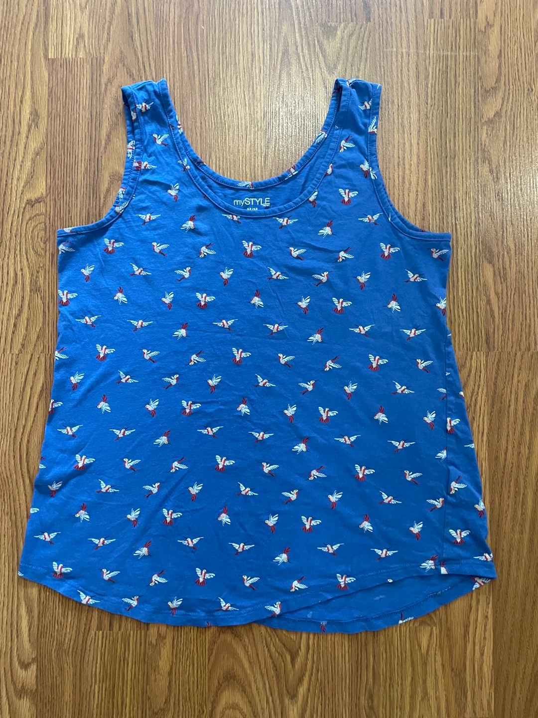 MyStyle women’s medium tank top, bird print, cotton, blue