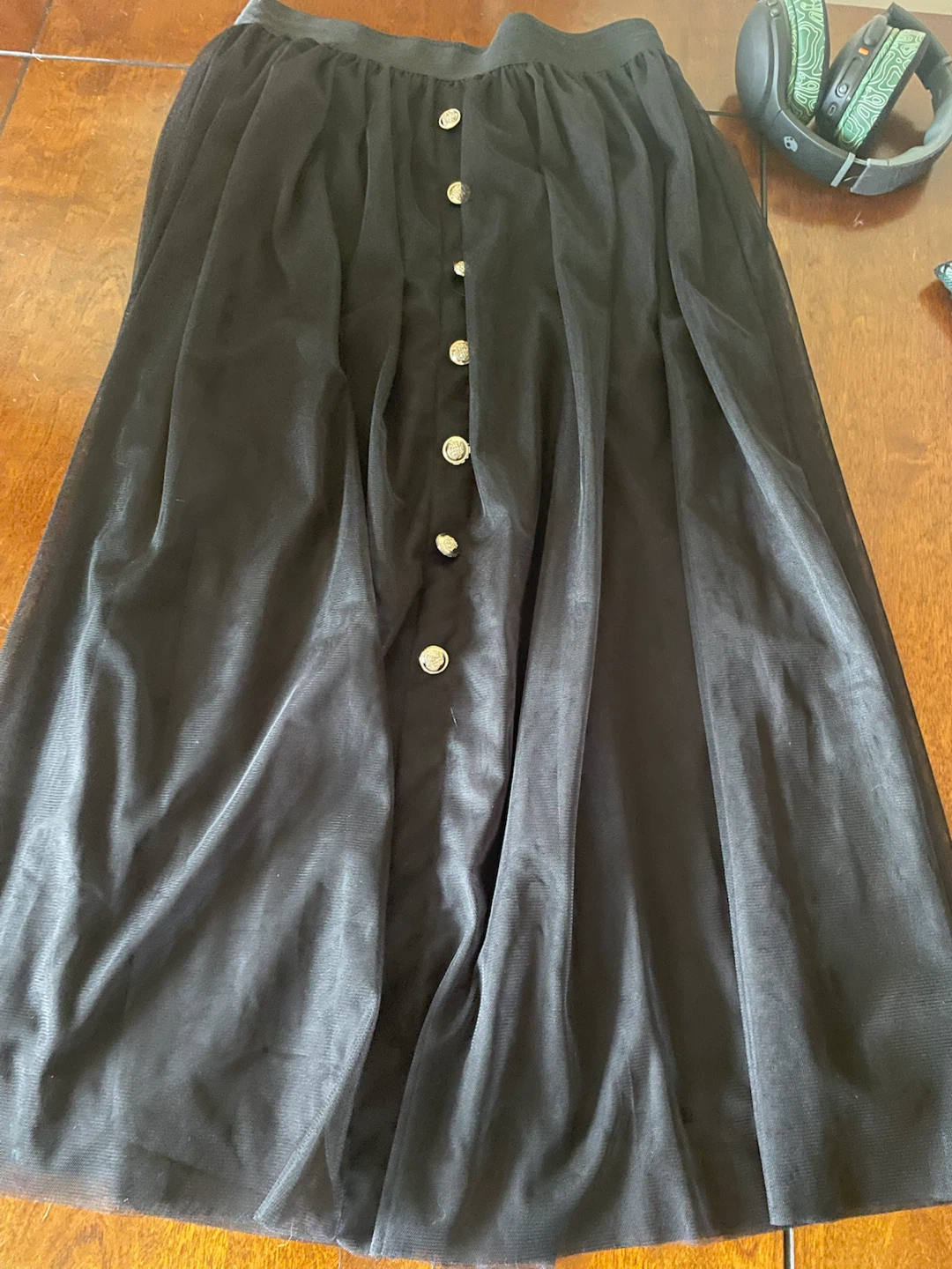 Black Tulle Button-Front Midi Skirt