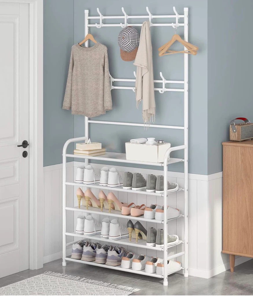 White metal coat rack and shoe organizer
