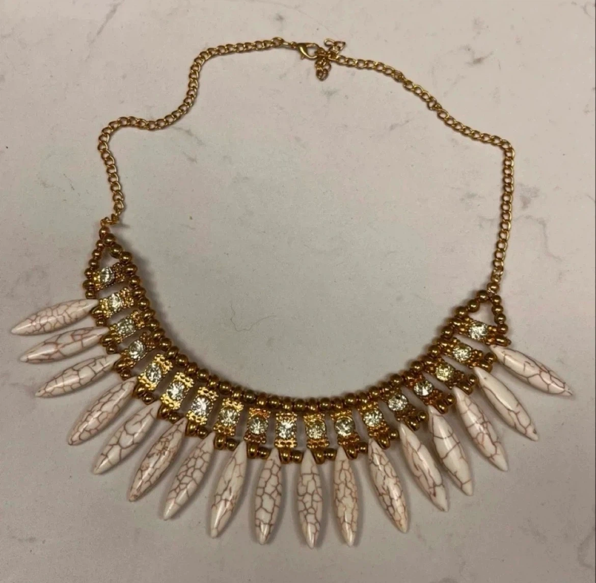 Gold-tone Necklace with White Stone Spikes