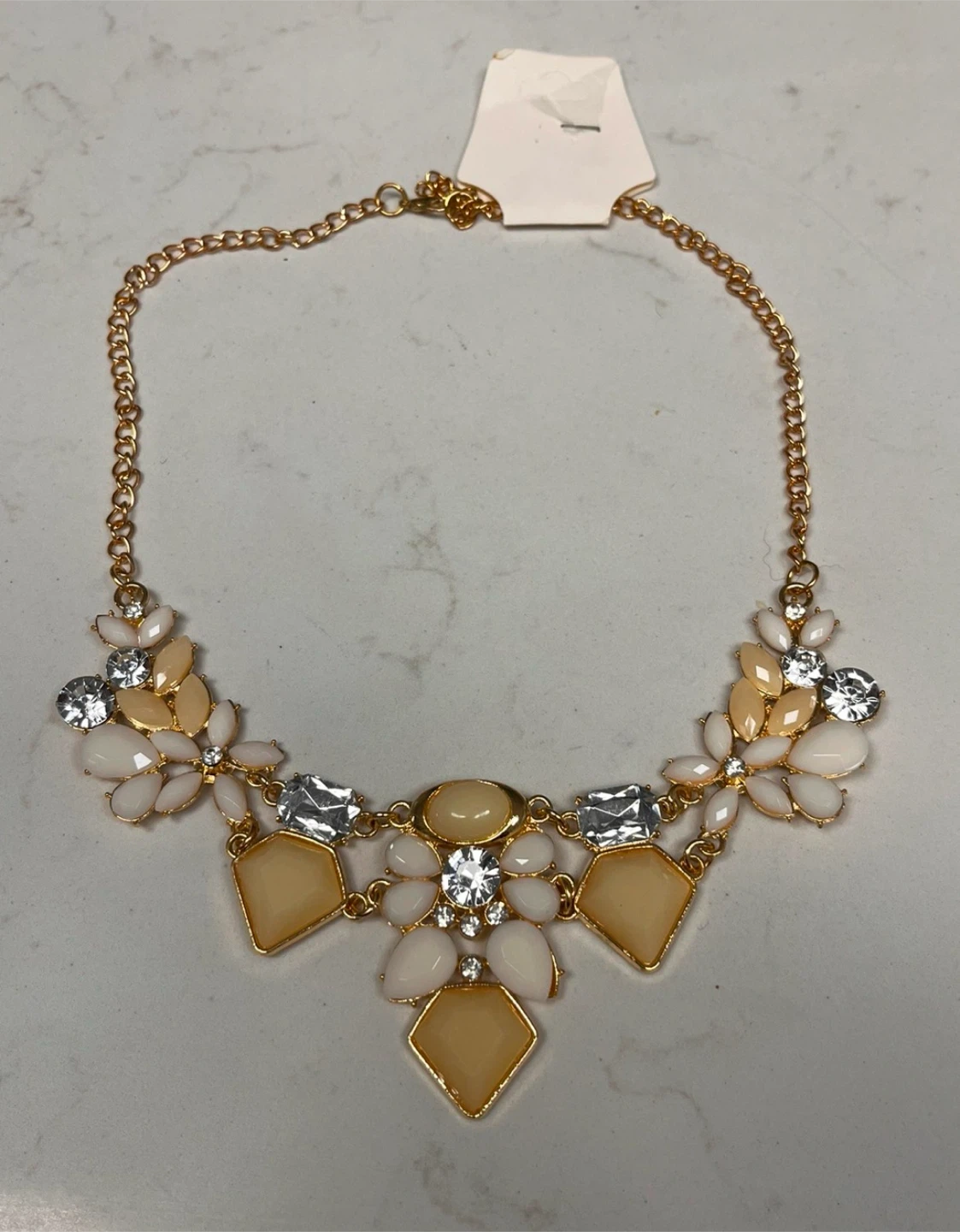 NEW Gold-tone Statement Necklace with Cream and Clear Stones