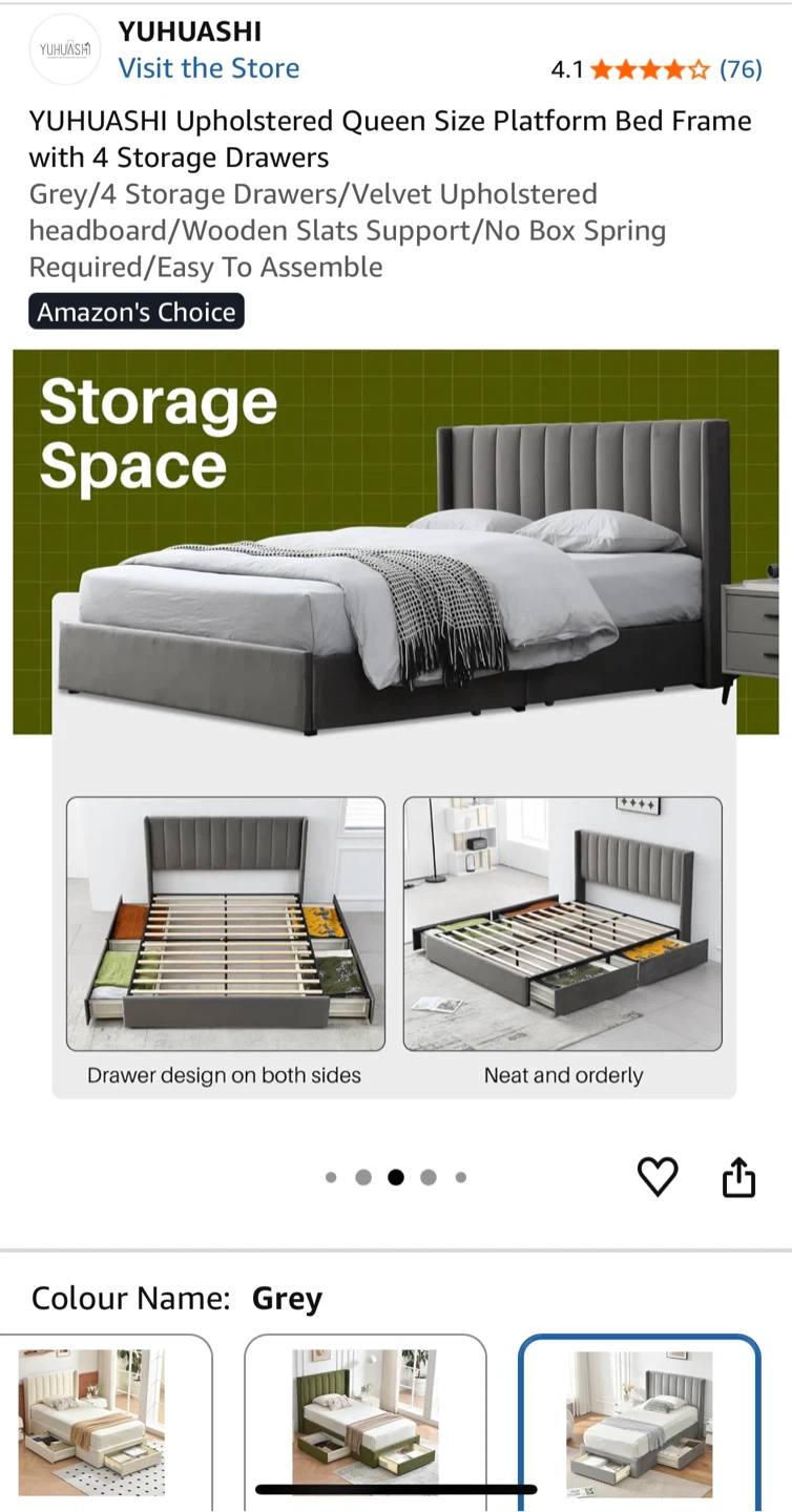Queen Size Upholstered Platform Bed Frame - Grey