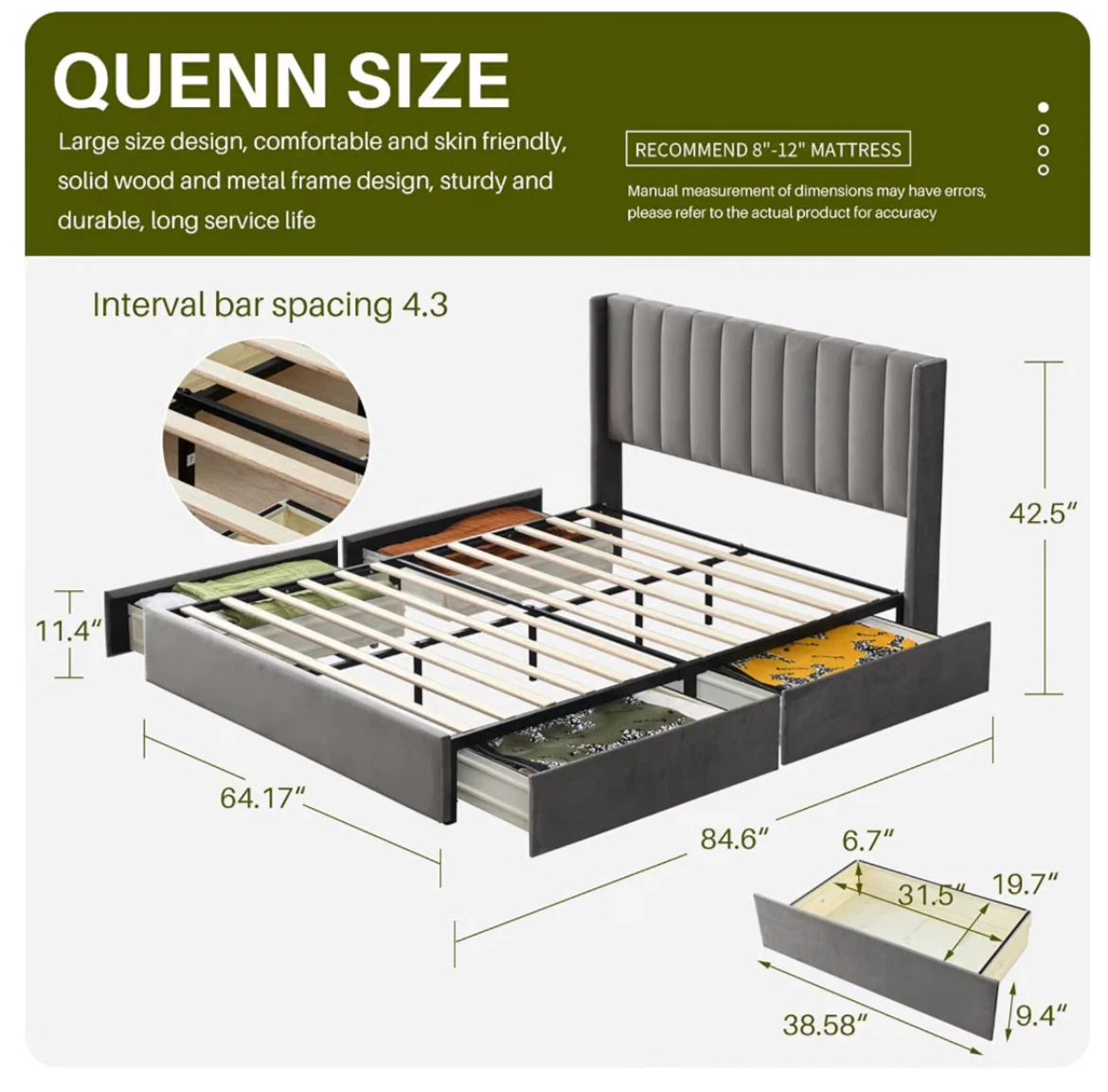 Queen Size Upholstered Platform Bed Frame - Grey - photo 2