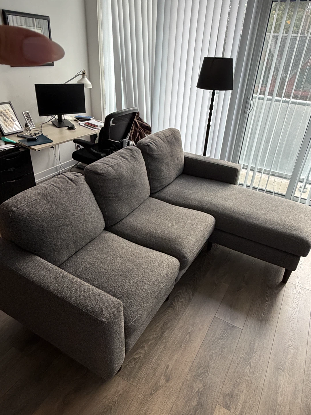Grey sectional sofa with chaise. From Cozey