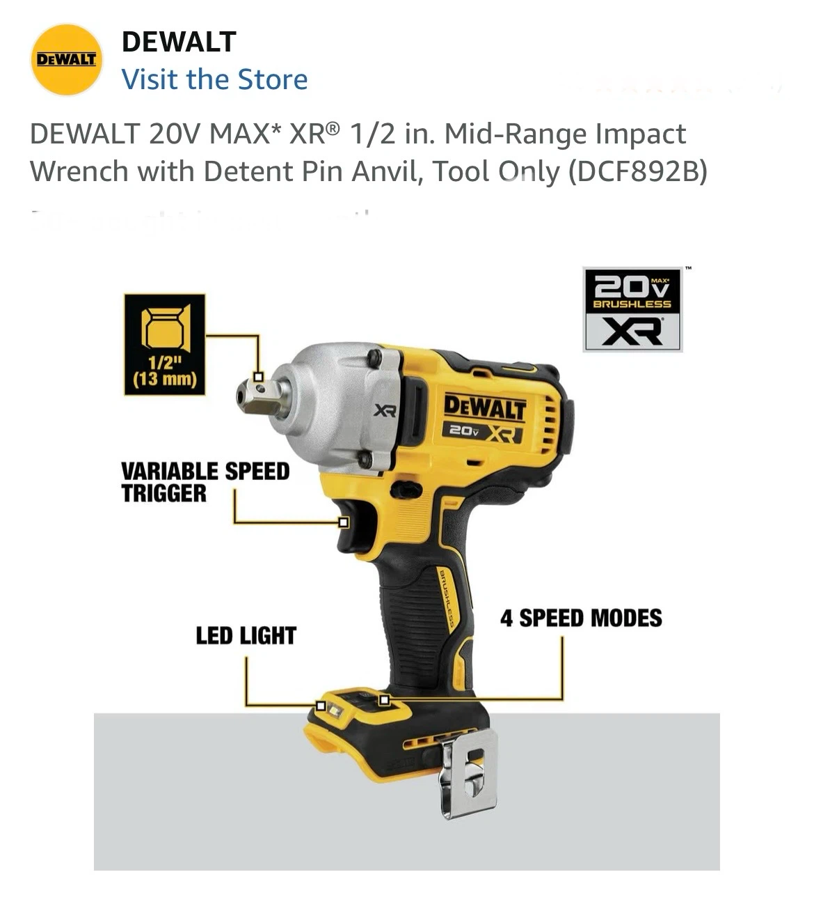 DEWALT 20V MAX XR 1/2 in. Mid-Range Impact Wrench - photo 2
